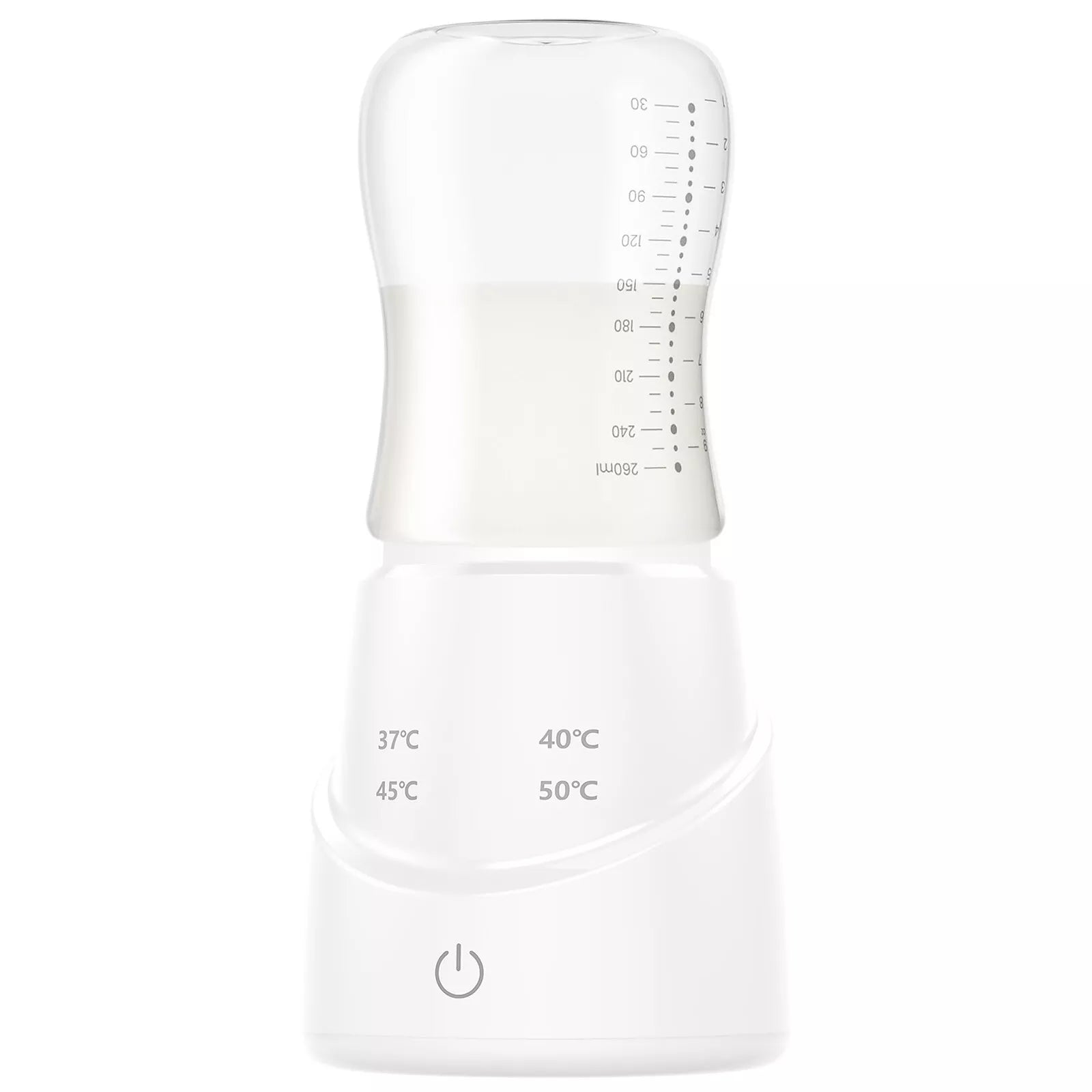 White baby bottle with temperature markings on a white background