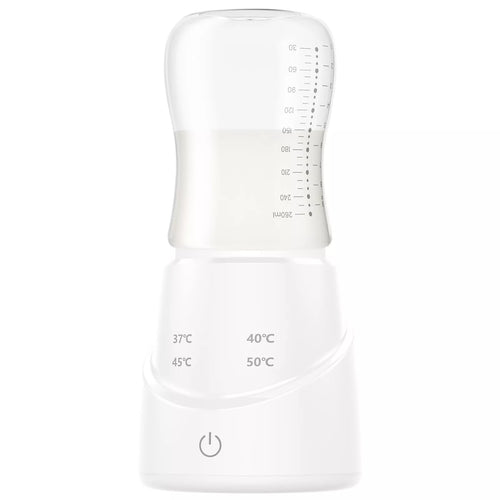 White baby bottle with temperature markings on a white background